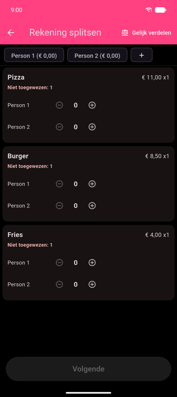 Stap toewijzen Rekening splitsen: chips Persoon 1 en Persoon 2 (beide € 0,00) bovenaan; drie productkaarten — Pizza (€ 11,00 ×1, Niet toegewezen: 1), Burger (€ 8,50 ×1, Niet toegewezen: 1), Fries (€ 4,00 ×1, Niet toegewezen: 1) — elk met per-persoon ±-stappers; grijze knop Volgende