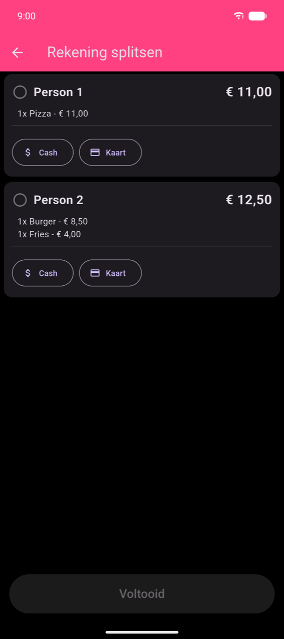Stap betalen Rekening splitsen: kaart Persoon 1 (€ 11,00, 1× Pizza) met knoppen Cash en Kaart; kaart Persoon 2 (€ 12,50, 1× Burger + 1× Fries) met knoppen Cash en Kaart; grijze knop Voltooid