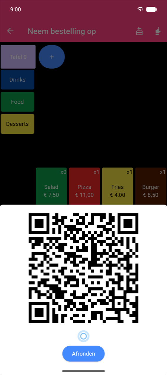 SEPA QR-scherm: appbalk Neem bestelling op met tafel- en categorie-knoppen zichtbaar achter een grote witte SEPA-betalings-QR-code; knop Afronden onderaan