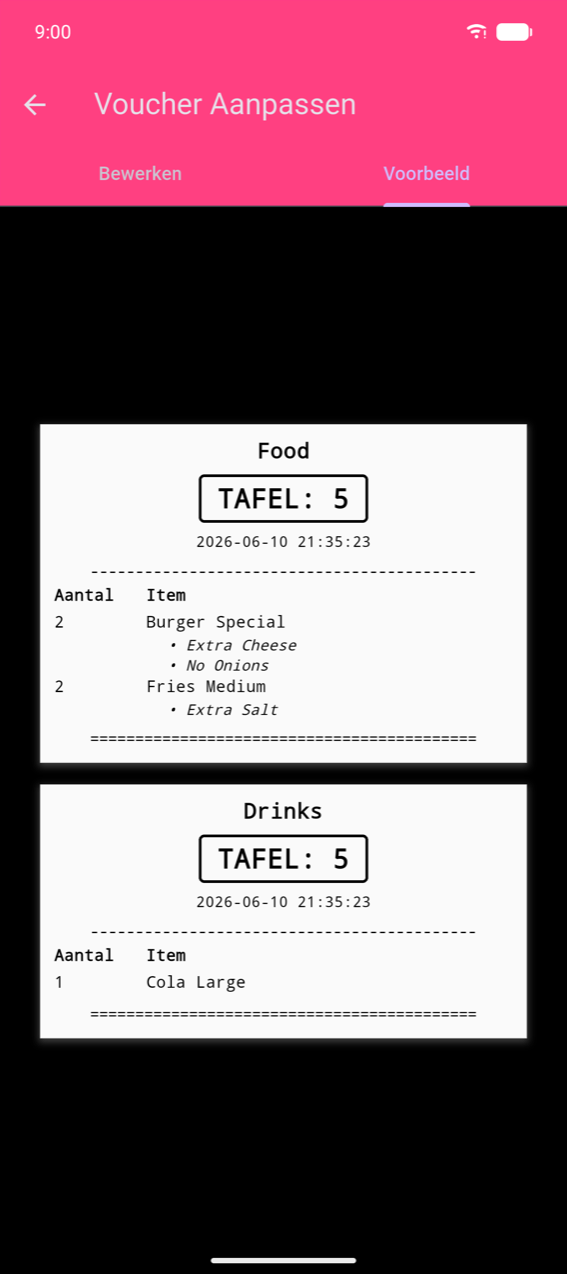 Tabblad Voorbeeld van Voucher Aanpassen: twee per-categorie bons — "Food" (TABLE: 5, 2× Burger Special met Extra Cheese en No Onions opties, 2× Fries Medium met Extra Salt) en "Drinks" (TABLE: 5, 1× Cola Large) — elk gescheiden door een dubbele lijn