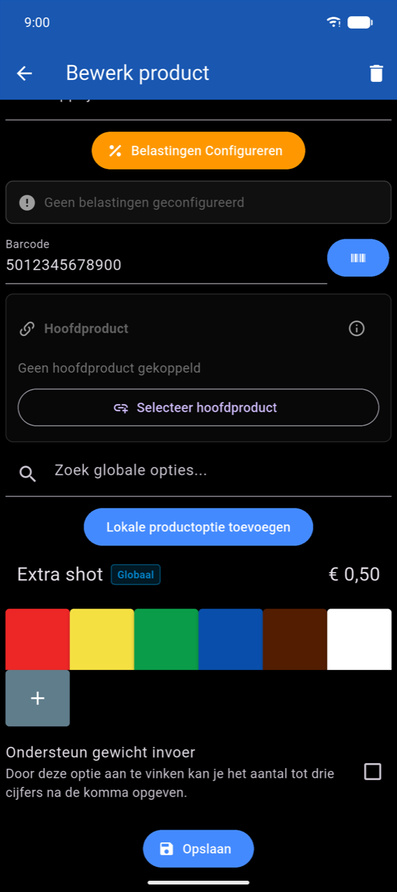 Onderste sectie van Bewerk product: kleurstalen met + aangepaste knop, schakelaar Ondersteun gewicht invoer met omschrijving "This option is useful for products that are priced by weight or volume.", knop Opslaan