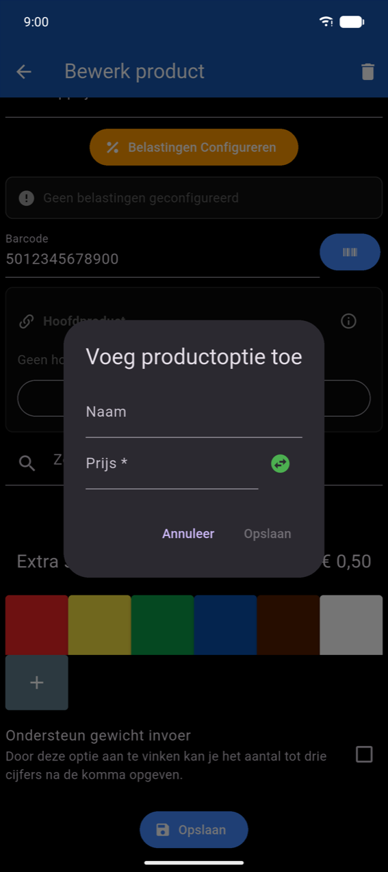 Dialoogvenster Productoptie toevoegen: veld Naam, veld Prijs * met tekenwisselaar, knoppen Annuleren en Opslaan (Opslaan uitgeschakeld totdat een naam is ingevoerd)