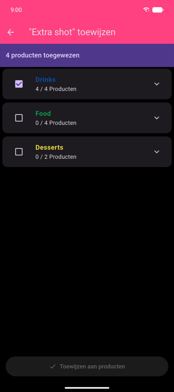 Toewijzen "Extra shot": paarse banner met "4 products assigned", categorierijen voor Drinks (aangevinkt, 4/4), Food (niet aangevinkt, 0/4), Desserts (niet aangevinkt, 0/2), knop Toewijzen aan producten onderaan