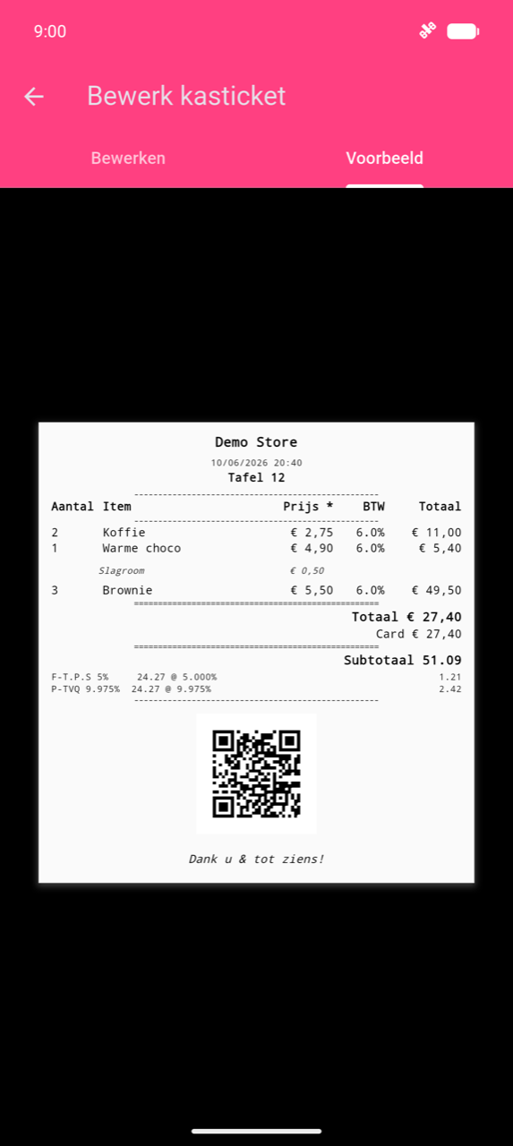 Bewerk kasticket, tabblad Voorbeeld: dummykassabon voor "Demo Store" met artikellijst met een btw-kolom, belastingsuitsplitsingsrijen, een QR-code en voettekst "Have a nice day!"