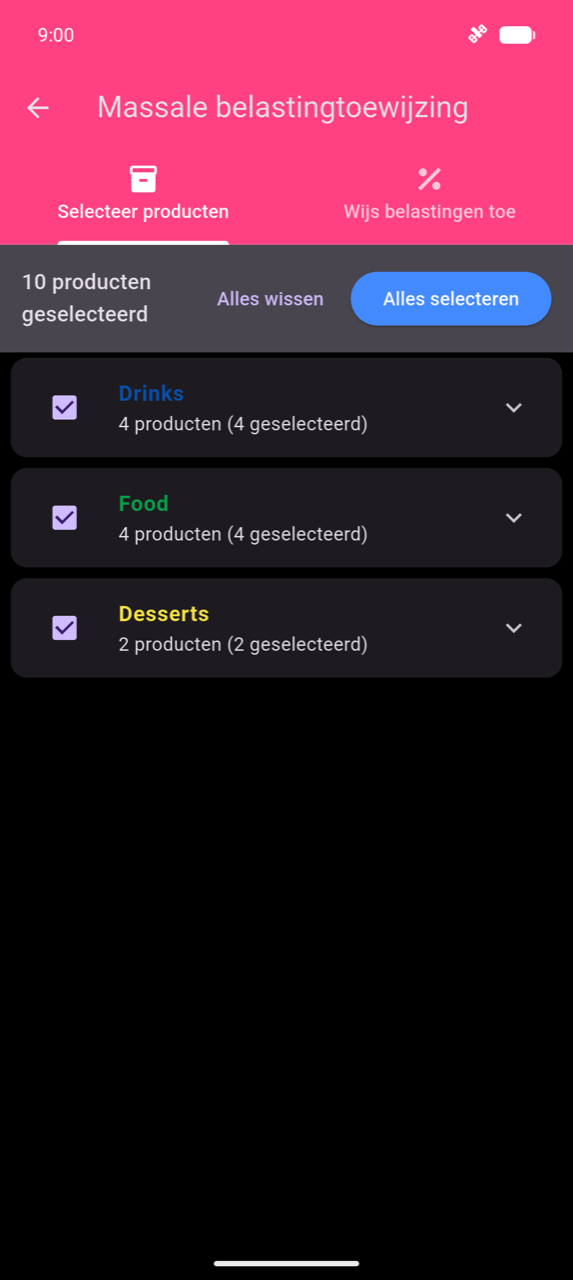 Massale belastingtoewijzing, tabblad Selecteer producten: banner met 10 geselecteerde producten en een knop Alles selecteren; drie ingeklapte categorierijen — Drinks (4 van 4 geselecteerd), Food (4 van 4), Desserts (2 van 2) — alle aangevinkt