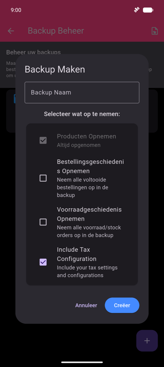 Dialoogvenster Backup Maken: tekstveld Backup Naam; selectievakjes voor Producten Opnemen (altijd opgenomen, vooraf aangevinkt), Bestellingsgeschiedenis Opnemen, Voorraadgeschiedenis Opnemen en Include Tax Configuration (aangevinkt); knoppen Annuleren en Aanmaken