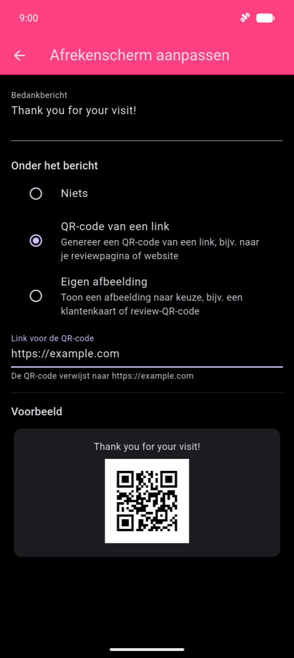 Scherm Afrekenscherm aanpassen: veld bedankbericht met "Thank you for your visit!"; QR-code van een link geselecteerd onder Onder het bericht; veld Link voor de QR-code met https://example.com ingevuld; helptekst "The QR code links to https://example.com"; Voorbeeld-kaart onderaan met het bericht