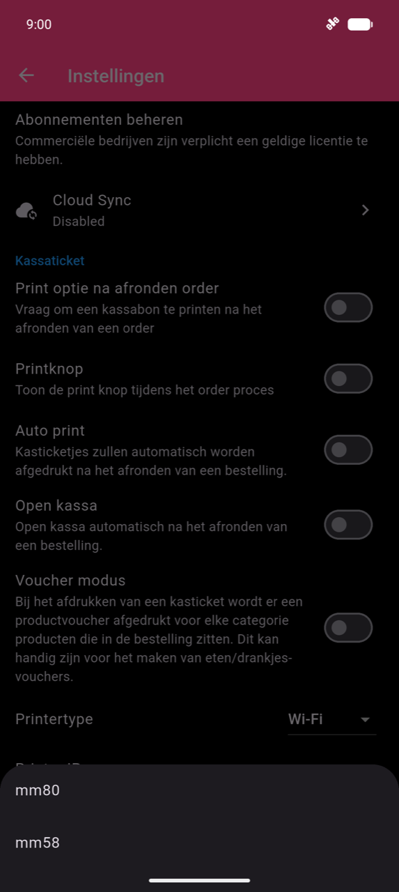 Onderste blad Papiergrootte met twee opties: mm80 en mm58