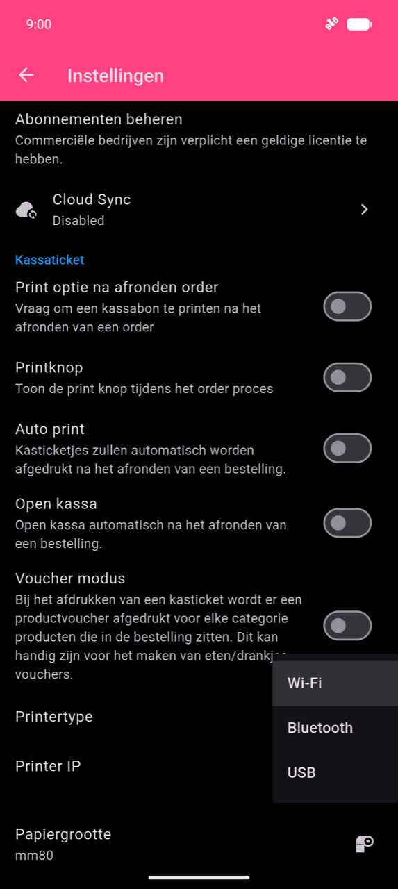 Kassabonsectie in Instellingen met het vervolgkeuzemenu Printertype open, met de drie opties: Wi-Fi, Bluetooth en USB