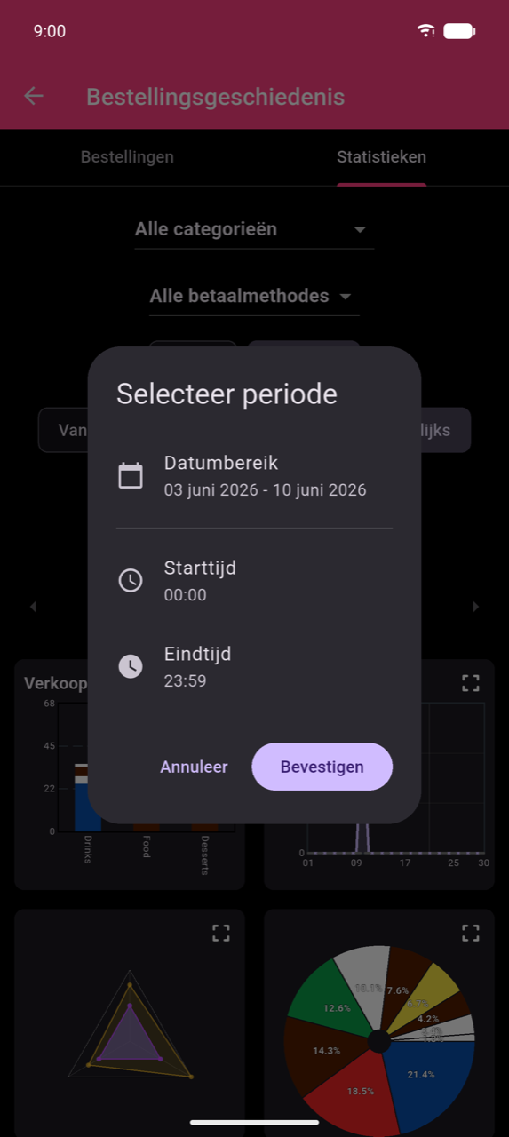 Dialoogvenster Selecteer periode over het statistiekenscherm. Drie rijen: Datumbereik (met 03 juni 2026 – 10 juni 2026), Starttijd (12:00 AM) en Eindtijd (11:59 PM). Knoppen Annuleren en Bevestigen onderaan.