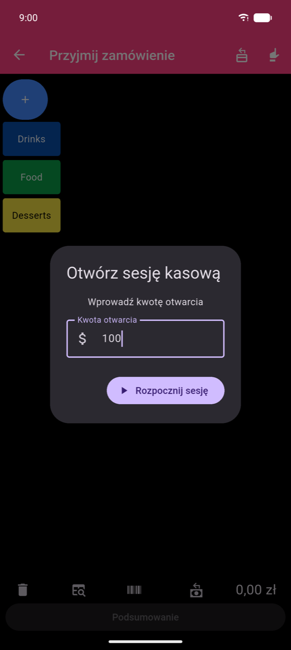 Dialog Otwórz sesję kasową na ekranie Przyjmij zamówienie: „Wprowadź kwotę gotówki na otwarcie", pole Kwota otwarcia zawierające 100, przycisk Rozpocznij sesję — brak przycisku Anuluj