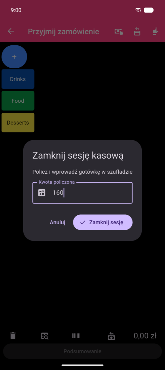 Dialog Zamknij sesję kasową: „Policz i wprowadź gotówkę w szufladzie", pole Kwota policzona zawierające 160, przyciski Anuluj i Zamknij sesję