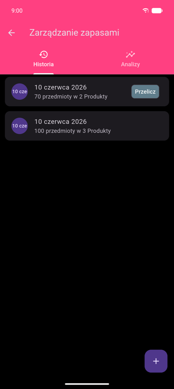 Zarządzanie magazynem, zakładka Historia: dwa wiersze zamówień, oba z datą 10 czerwca 2026 — jeden pokazuje „70 pozycji w 2 Produktach" z chipem Przeliczenie, drugi „100 pozycji w 3 Produktach" — z przyciskiem + FAB w prawym dolnym rogu