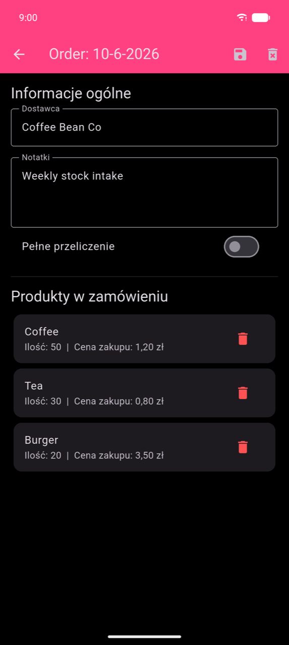 Szczegóły zamówienia z 10-6-2026: sekcja Informacje ogólne z Dostawcą „Coffee Bean Co" i Notatkami „Tygodniowe przyjęcie towaru", przełącznik Pełne przeliczenie (wyłączony), a następnie Produkty w zamówieniu — Kawa (Ilość: 50 | Cena zakupu: 1,20 zł), Herbata (Ilość: 30 | Cena zakupu: 0,80 zł), Burger (Ilość: 20 | Cena zakupu: 3,50 zł) — każdy z ikoną kosza
