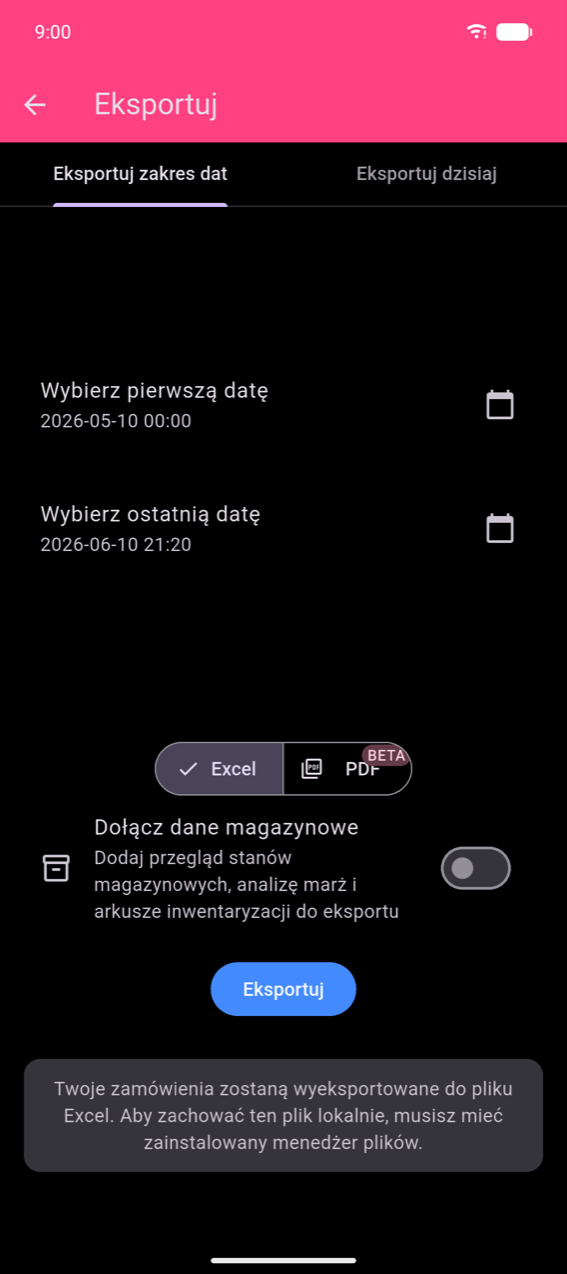 Ekran eksportu, zakładka Eksportuj zakres dat: Select first date 2026-05-10 00:00 i Select last date 2026-06-10 21:20, każde z ikoną kalendarza; przełącznik formatu Excel / PDF BETA z wybranym Excel; przełącznik Dołącz dane magazynowe (wyłączony); niebieski przycisk Eksportuj; pasek powiadomień z treścią „Your orders will be exported to an excel file. If you would like to save this file locally, you will need to have a file explorer installed."