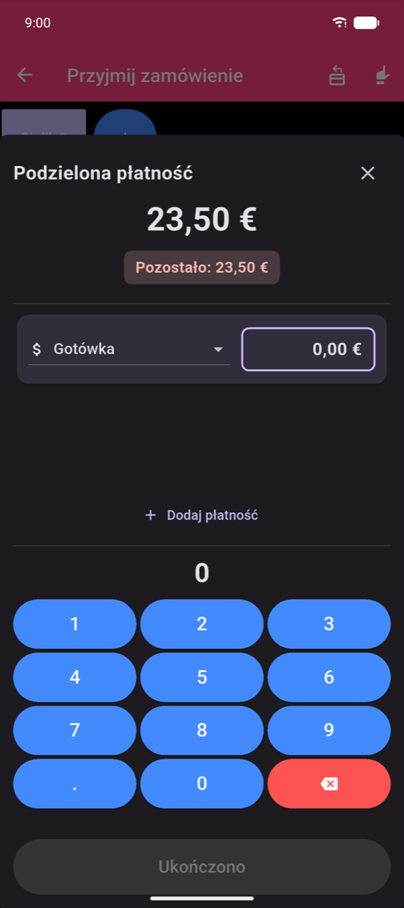 Modal Podzielonej płatności: łączna kwota €23,50, chip Pozostało: €23,50, jeden wpis Gotówka z polem kwoty €0,00, link + Dodaj płatność, klawiatura numeryczna z przecinkiem dziesiętnym, wyszarzony przycisk Ukończono