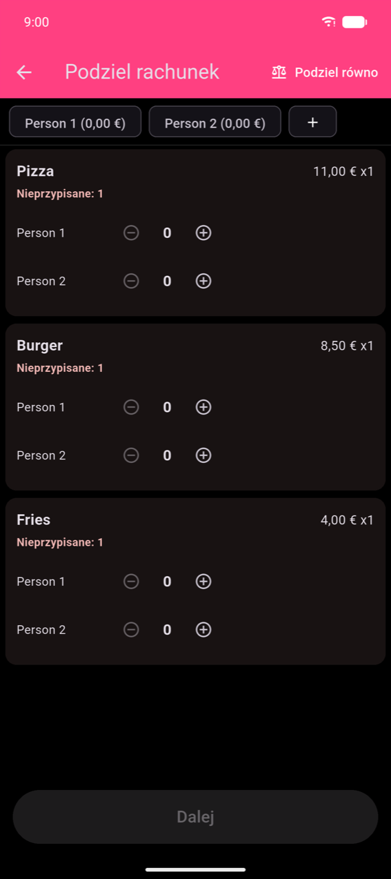 Krok przypisywania Podziel rachunek: chipy Osoba 1 i Osoba 2 (oboje €0,00) na górze; trzy karty produktów — Pizza (€11,00 ×1, Nieprzypisane: 1), Burger (€8,50 ×1, Nieprzypisane: 1), Frytki (€4,00 ×1, Nieprzypisane: 1) — każda ze stepperami ± na osobę; wyszarzony przycisk Dalej