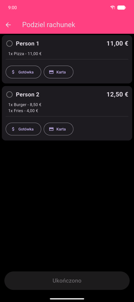Krok płatności Podziel rachunek: karta Osoby 1 (€11,00, 1× Pizza) z przyciskami Gotówka i Karta; karta Osoby 2 (€12,50, 1× Burger + 1× Frytki) z przyciskami Gotówka i Karta; wyszarzony przycisk Ukończono