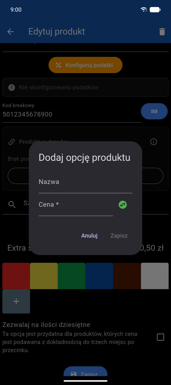 Dialog Dodaj opcję produktu: pole Nazwa, pole Cena * z przełącznikiem znaku, przyciski Anuluj i Zapisz (Zapisz nieaktywny do momentu wpisania nazwy)