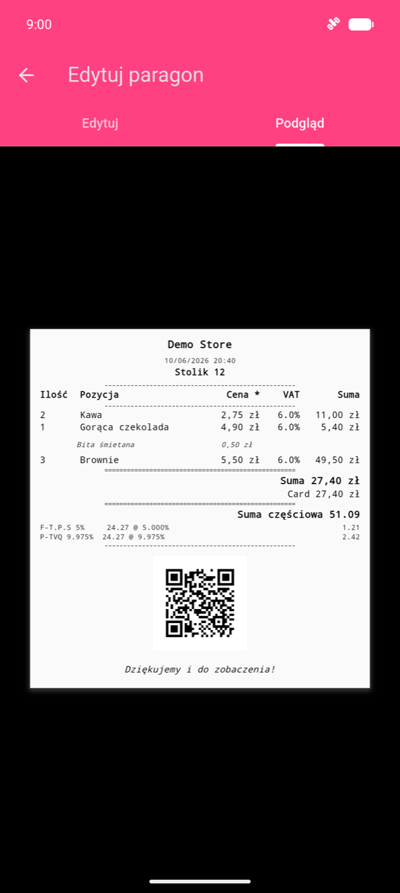 Edytuj paragon, zakładka Podgląd: przykładowy paragon dla „Demo Store" z listą produktów, kolumną VAT, wierszami podsumowania podatków, kodem QR i stopką „Have a nice day!"