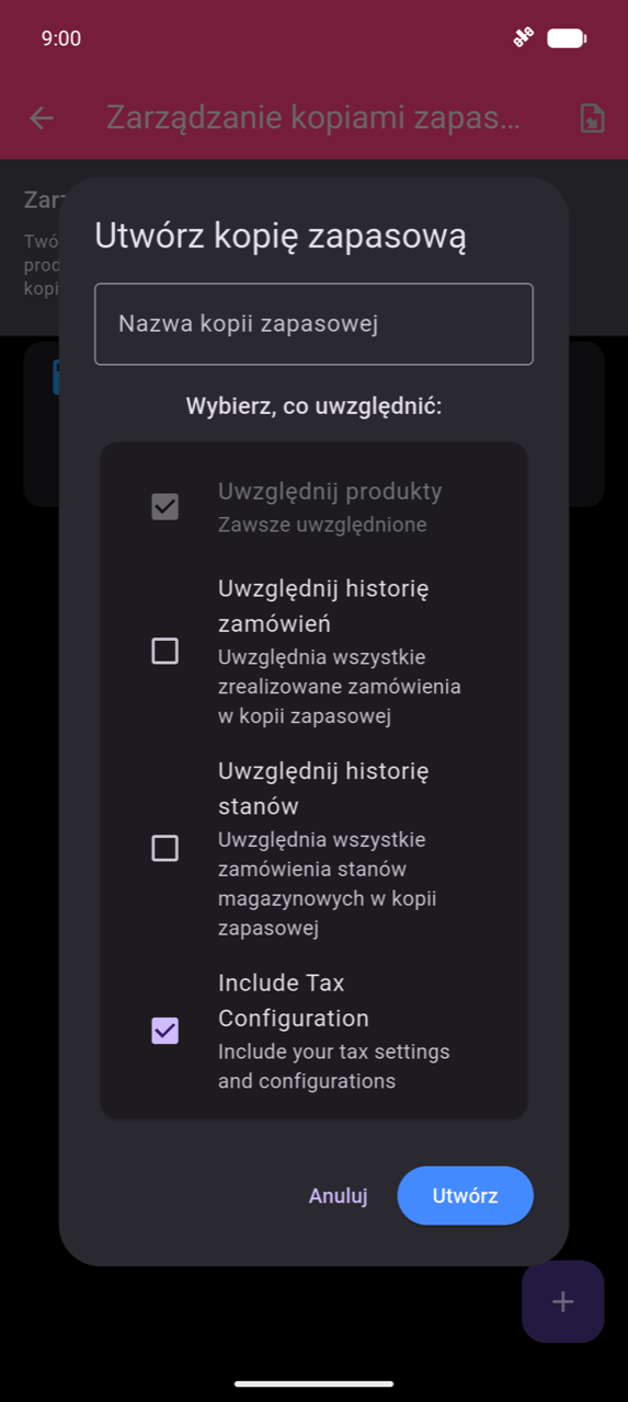 Dialog tworzenia kopii zapasowej: pole tekstowe Nazwa kopii zapasowej; pola wyboru dla Uwzględnij produkty (zawsze dołączone, zaznaczone), Uwzględnij historię zamówień, Uwzględnij historię stanów i Uwzględnij konfigurację podatków (zaznaczone); przyciski Anuluj i Utwórz