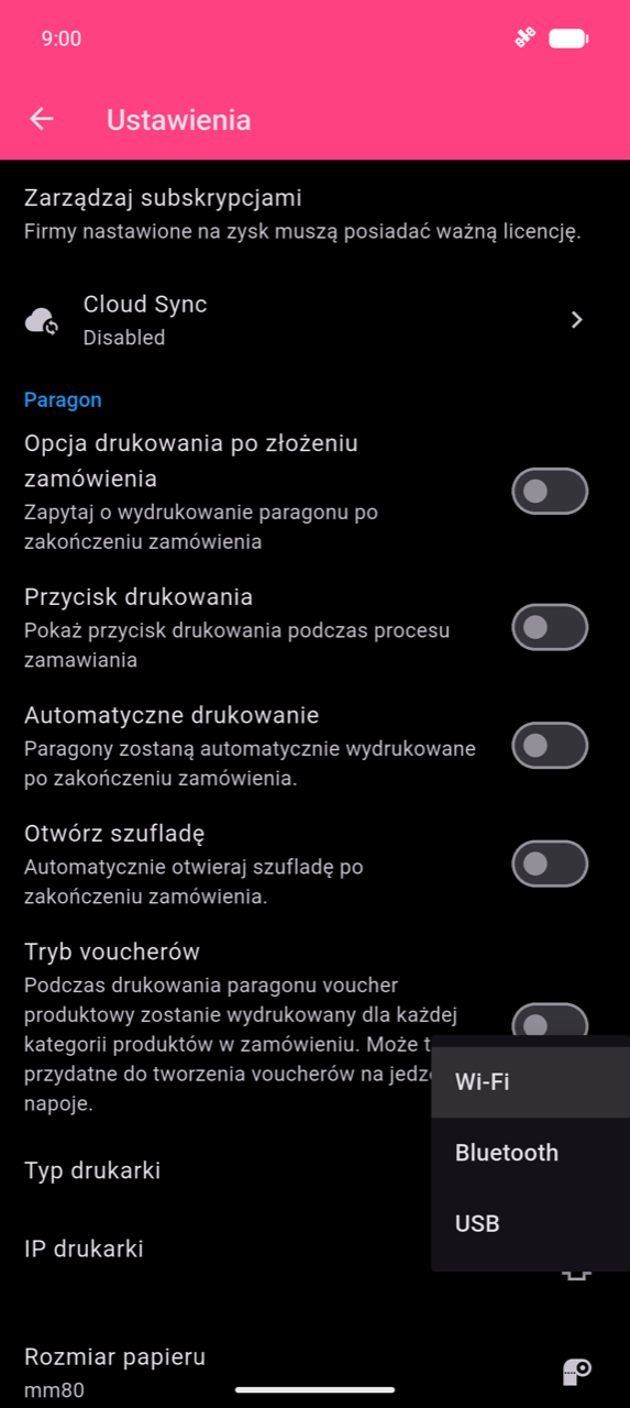 Sekcja Paragon w Ustawieniach z otwartą listą rozwijaną Typ drukarki, pokazującą trzy opcje: Wi-Fi, Bluetooth i USB