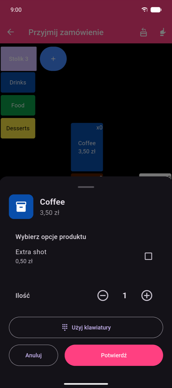 Arkusz produktu dla Kawy (9,50 zł): „Wybierz opcje produktu" z polem wyboru Dodatkowy espresso (3,50 zł), regulatorem Ilości (− 1 +), przyciskiem Użyj klawiatury oraz przyciskami Anuluj / Potwierdź.