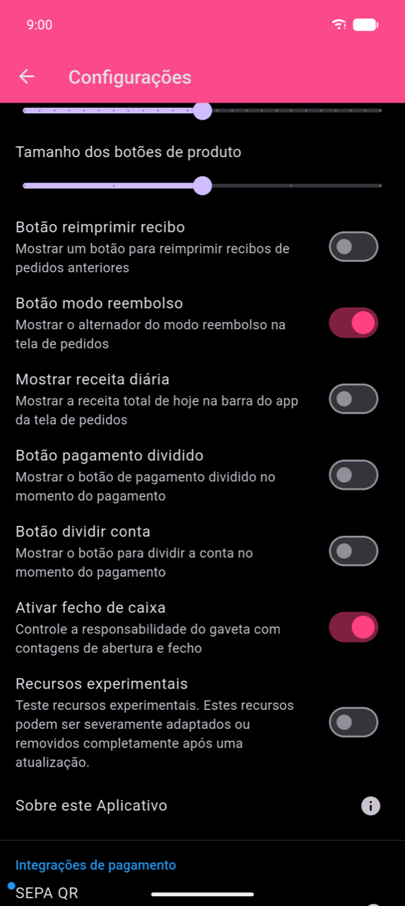 Ecrã de Configurações com o interruptor Ativar fecho de caixa ligado (cor-de-rosa), com a descrição "Track cash drawer accountability with opening and closing counts", entre vários outros interruptores de funcionalidades
