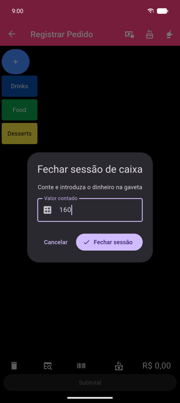 Diálogo Fechar sessão de caixa: "Count and enter the cash in the drawer", campo Valor contado com 160, botões Cancelar e Fechar sessão