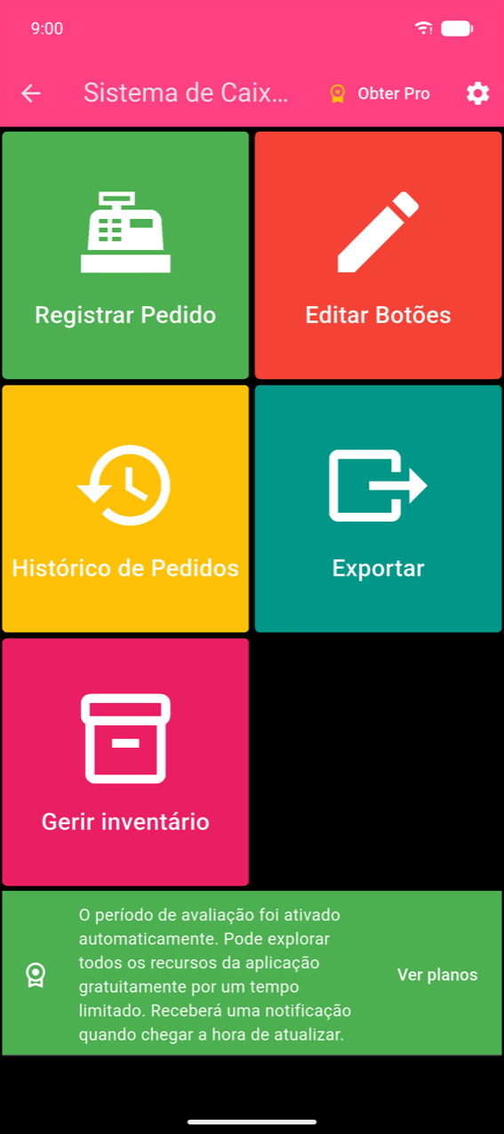 Menu principal: cinco tiles coloridos (Registrar Pedido, Editar Botões, Histórico de Pedidos, Exportar, Gerir inventário) com o ícone de engrenagem na barra do app cor-de-rosa