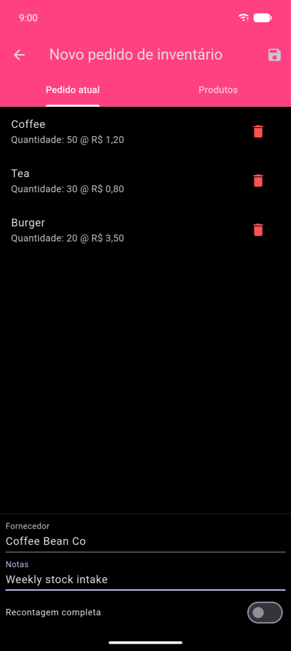 Novo Pedido de Inventário, separador Pedido atual: três linhas — Café Qtd: 50 @ $1,20, Chá Qtd: 30 @ $0,80, Hambúrguer Qtd: 20 @ $3,50 — cada uma com um ícone de lixo; campo Fornecedor ("Coffee Bean Co"), campo Notas ("Reposição semanal de stock"), e o toggle de Recontagem completa (desativado) no fundo