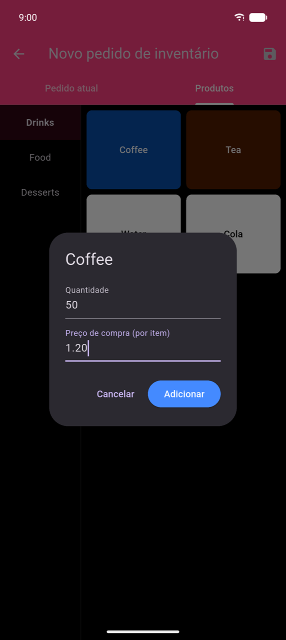 Diálogo de adição de produto sobre o separador Produtos: grelha de produtos com Café (selecionado, azul), Chá, Água e Cola; diálogo com o título "Coffee" com o campo Quantidade definido para 50 e o campo Preço de compra (por item) definido para 1,20; botões Cancelar e Adicionar