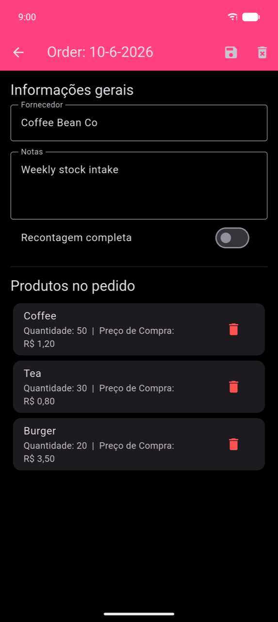 Detalhe do pedido de 10-6-2026: secção de Informações gerais com Fornecedor "Coffee Bean Co" e Notas "Reposição semanal de stock", toggle de Recontagem completa (desativado), depois Produtos no pedido — Café (Quantidade: 50 | Preço de compra: $1,20), Chá (Quantidade: 30 | Preço de compra: $0,80), Hambúrguer (Quantidade: 20 | Preço de compra: $3,50) — cada um com um ícone de lixo