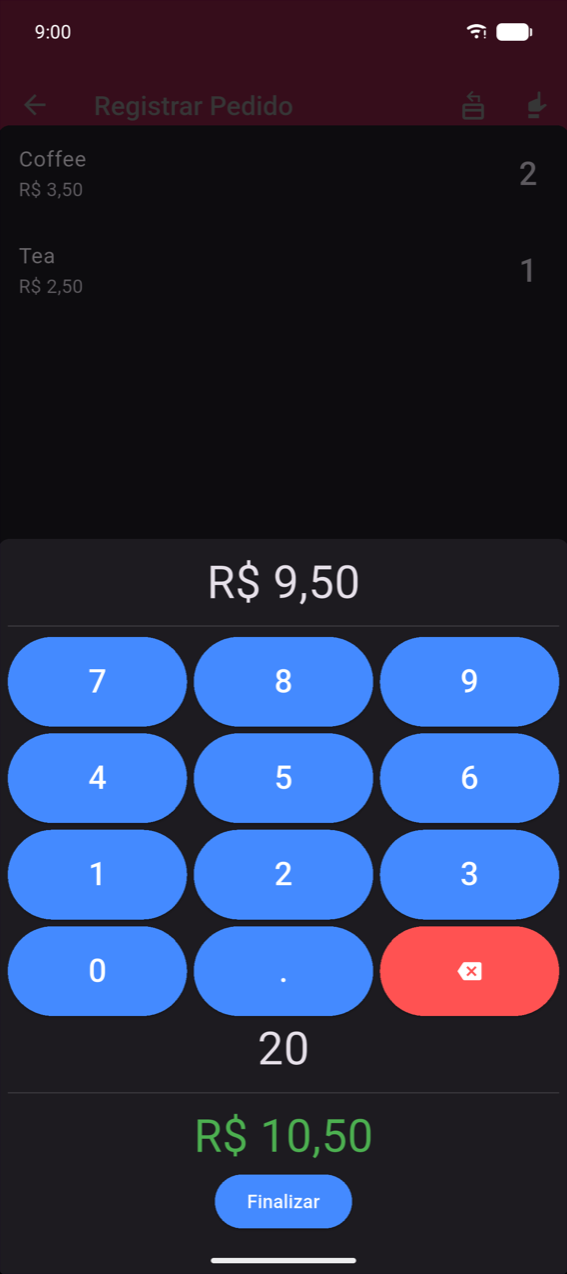 Calculadora de troco: total do pedido R$ 9,50 exibido no topo; teclado numérico com "20" inserido; troco de R$ 10,50 exibido em verde; botão Finalizar na parte inferior