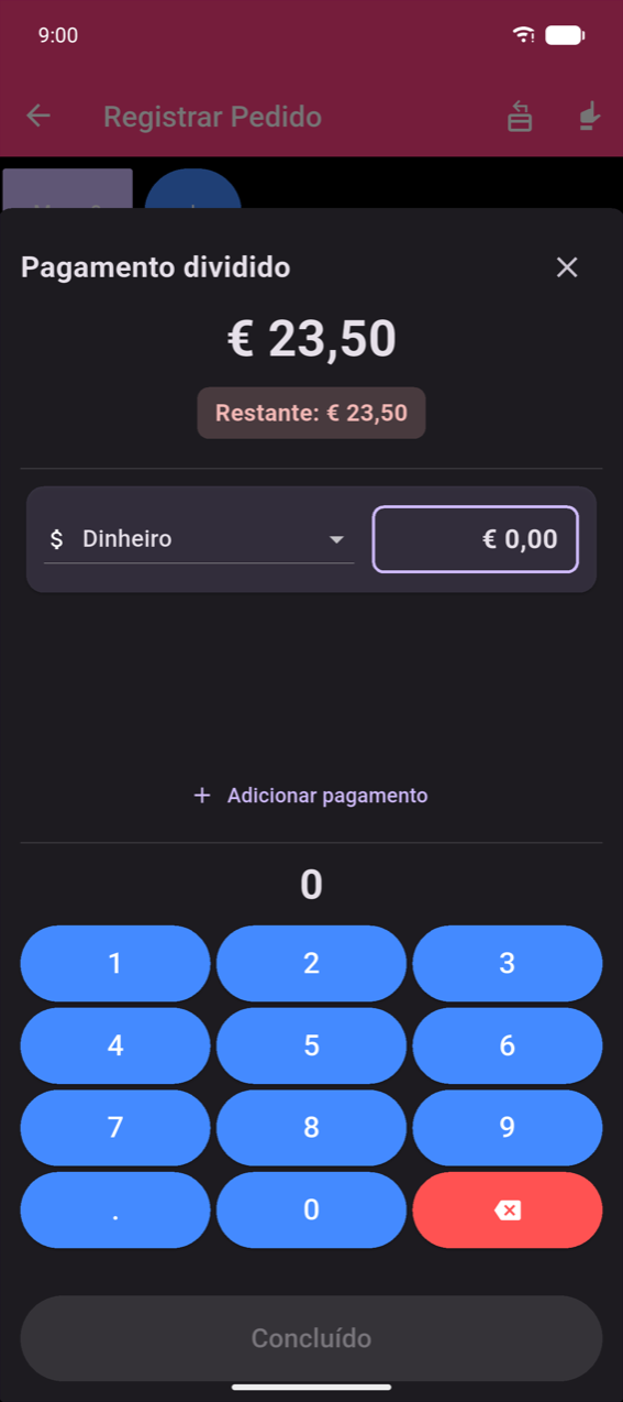 Modal de Pagamento dividido: total €23,50, chip Restante: €23,50, uma entrada Dinheiro com campo de valor €0,00, link + Adicionar pagamento, teclado numérico decimal, botão Concluído desabilitado