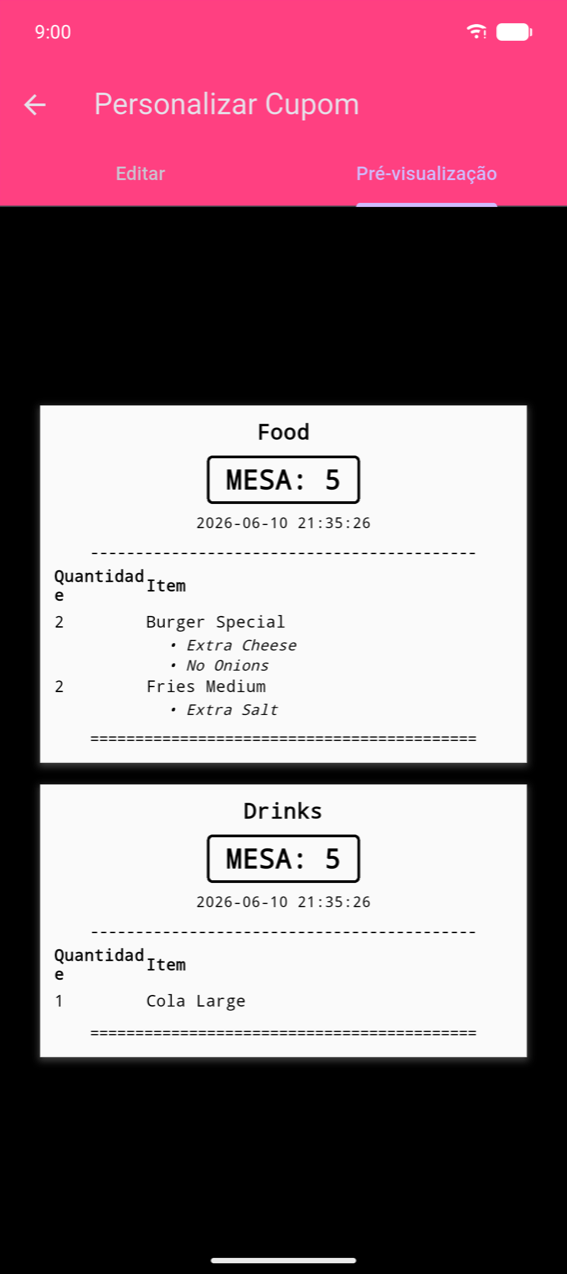 Personalizar Cupom, aba Preview: dois tickets por categoria — "Food" (MESA: 5, 2× Hambúrguer Especial com opções Extra Queijo e Sem Cebola, 2× Batata Frita Média com Extra Sal) e "Drinks" (MESA: 5, 1× Cola Grande) — cada um separado por uma linha dupla