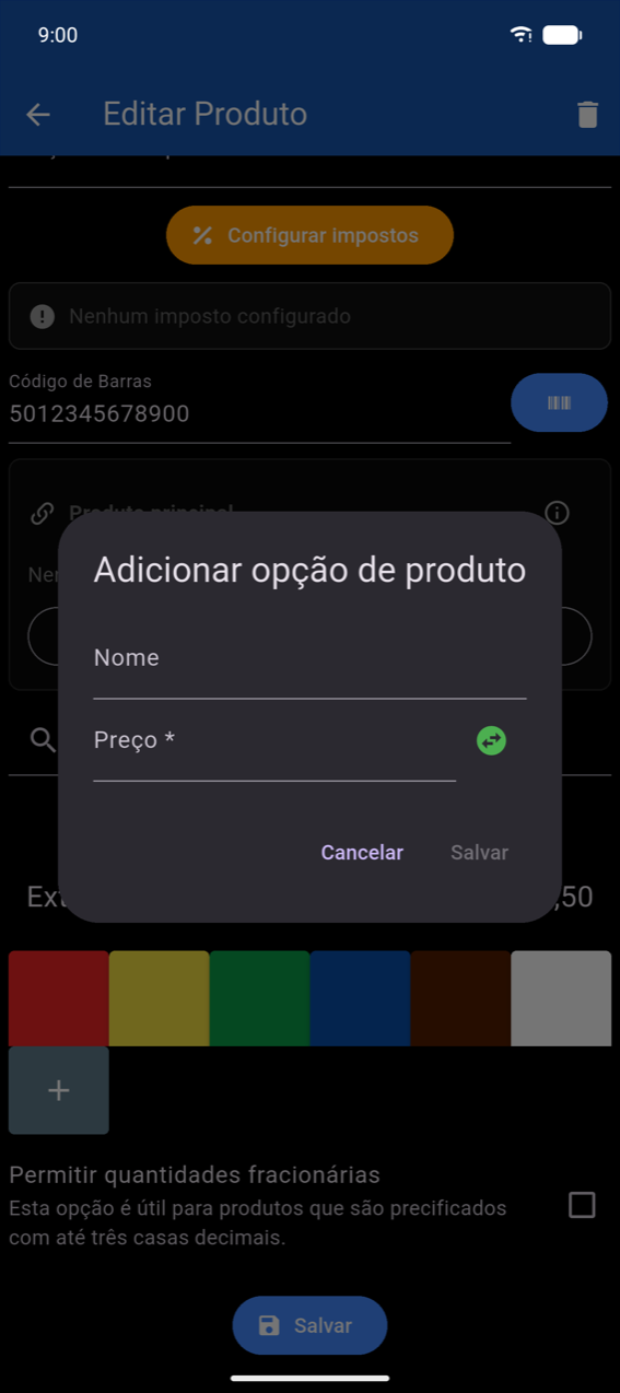 Diálogo Adicionar opção de produto: campo Nome, campo Preço * com alternância de sinal, botões Cancelar e Salvar (Salvar desativado até ser inserido um nome)