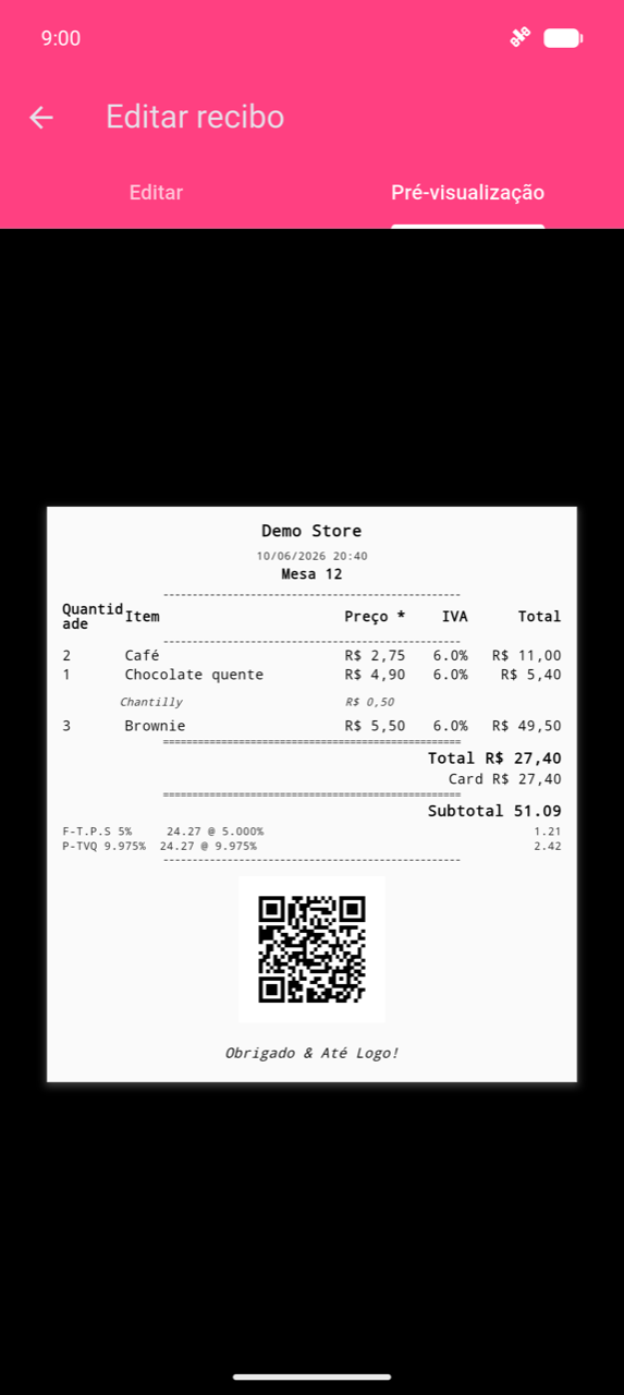 Editar recibo, separador Pré-visualização: recibo fictício para "Demo Store" a mostrar lista de itens com coluna de IVA, linhas de discriminação de impostos, um código QR e rodapé "Tenha um bom dia!"