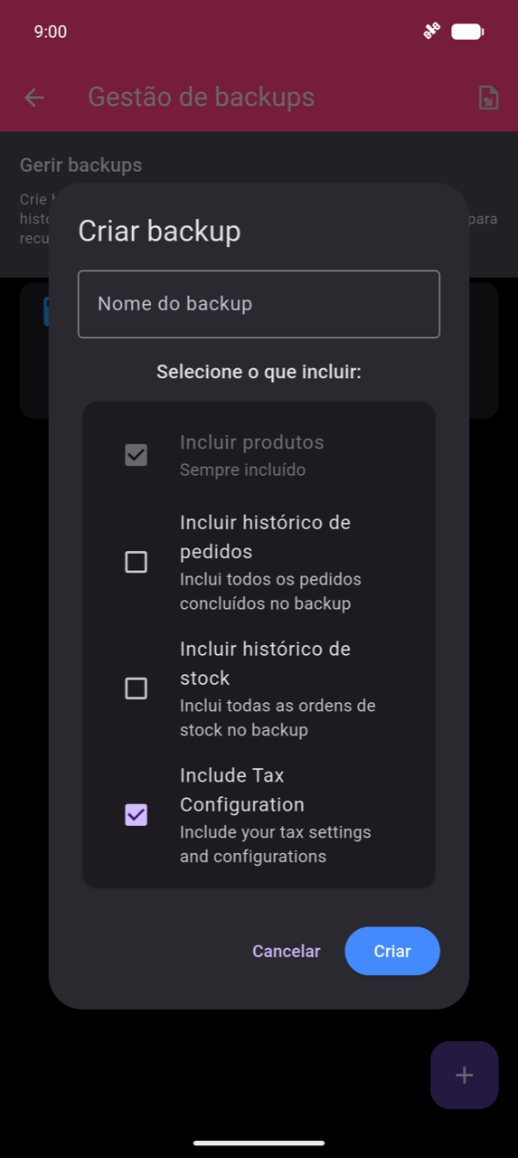 Diálogo Criar Backup: campo de texto Nome do backup; caixas de verificação para Incluir produtos (sempre incluído, pré-marcado), Incluir histórico de pedidos, Incluir histórico de stock e Incluir Configuração de Impostos (marcado); botões Cancelar e Criar