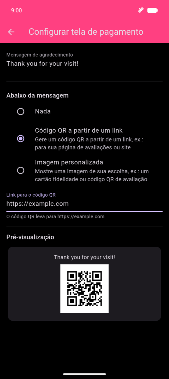 Configurar tela de pagamento: campo Mensagem de agradecimento a mostrar "Thank you for your visit!"; QR code from a link selecionado em Below the message; campo Link for the QR code com https://example.com introduzido; texto de ajuda "The QR code links to https://example.com"; cartão Preview na parte inferior a mostrar a mensagem