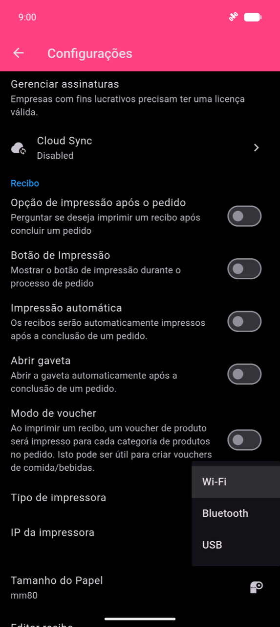 Secção Recibo nas Configurações com o menu suspenso Tipo de impressora aberto, mostrando as três opções: Wi-Fi, Bluetooth e USB