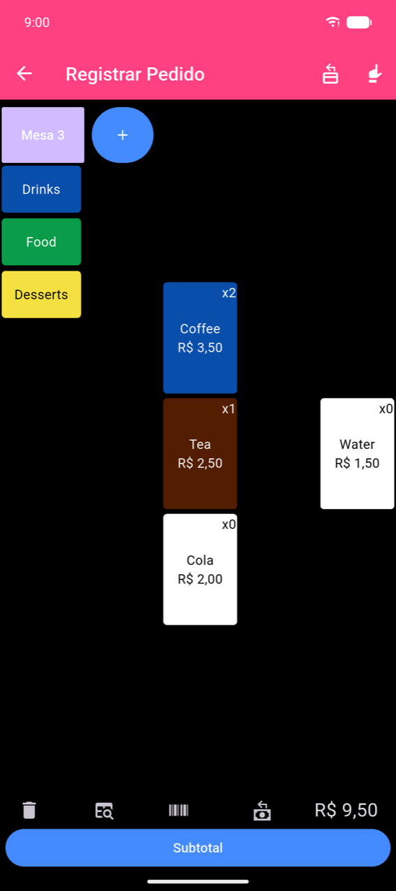 Tela Registrar Pedido: botões de categoria Bebidas, Comida e Sobremesas à esquerda; botões de produto Café (R$ 3,50 ×2), Chá (R$ 2,50 ×1), Cola e Água à direita com indicadores de quantidade. A barra inferior mostra ícones de lixeira, pesquisa, código de barras e troco, um total de R$ 9,50 e um botão Subtotal. Uma etiqueta Mesa 3 e um botão + aparecem no topo.