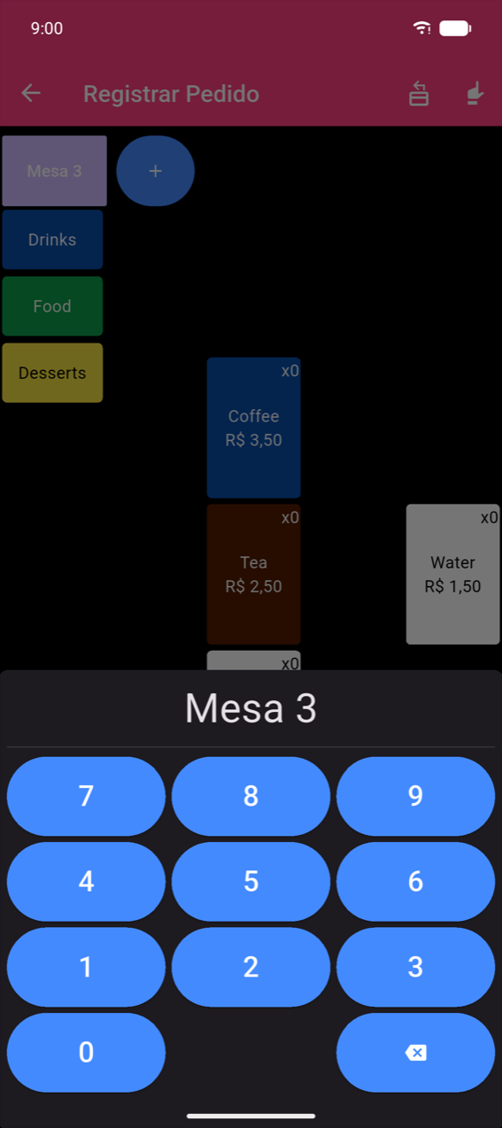 Tela Registrar Pedido com uma etiqueta Mesa 3 na faixa superior e o teclado de número de mesa aberto: título "Mesa 3", um teclado azul 3×4 com tecla de apagar.