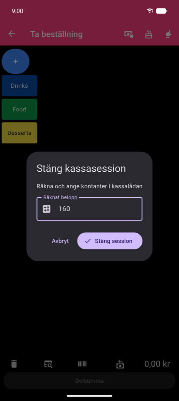 Dialogrutan Stäng kassasession: "Räkna och ange kontanterna i kassalådan", fältet Räknat belopp innehållande 160, knapparna Avbryt och Stäng session