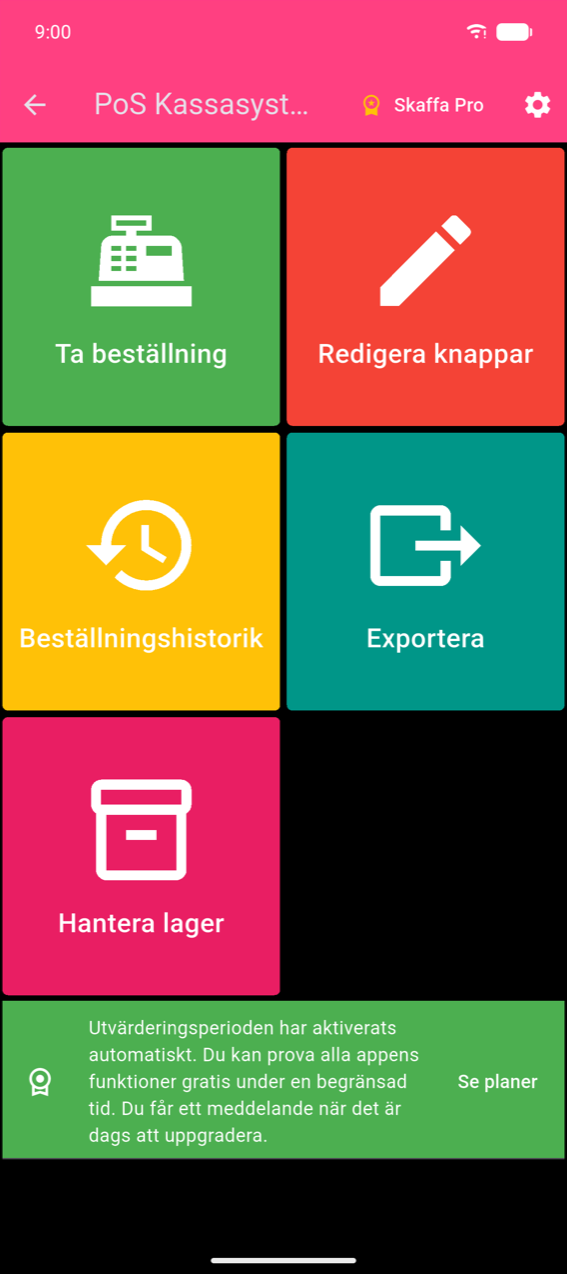 Hemmeny: fem färgade rutor (Ta beställning, Redigera knappar, Beställningshistorik, Exportera, Hantera lager) med kugghjulsikonen i det rosa appfältet