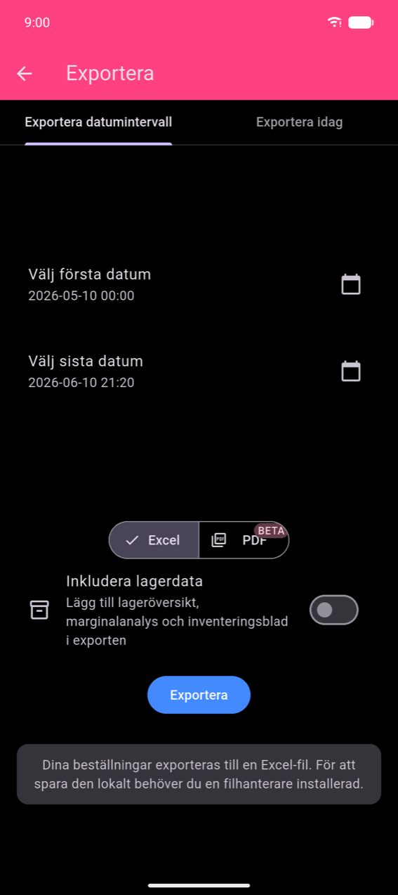 Exportskärmen, fliken Exportera datumintervall: Välj startdatum 2026-05-10 00:00 och Välj slutdatum 2026-06-10 21:20 med kalenderikon; Excel / PDF BETA-formatväxlare med Excel vald; Inkludera lagerdata-växlare (av); blå Exportera-knapp; snackbar med texten 'Dina beställningar kommer att exporteras till en excelfil. Om du vill spara filen lokalt måste du ha en filhanterare installerad.'