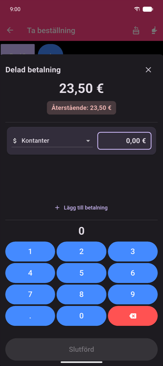 Modal för Delad betalning: total 23,50 kr, chip för Återstående: 23,50 kr, en Kontanter-rad med beloppsfield på 0,00 kr, länken + Lägg till betalning, decimalnumpad, gråad Slutförd-knapp