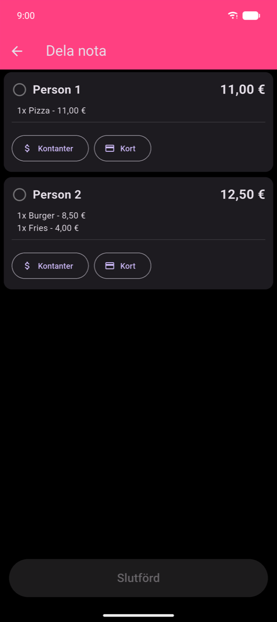 Betalningssteg för Dela nota: Person 1:s kort (31,00 kr, 1× Pizza) med knapparna Kontanter och Kort; Person 2:s kort (35,00 kr, 1× Burgare + 1× Pommes) med knapparna Kontanter och Kort; gråad Slutförd-knapp