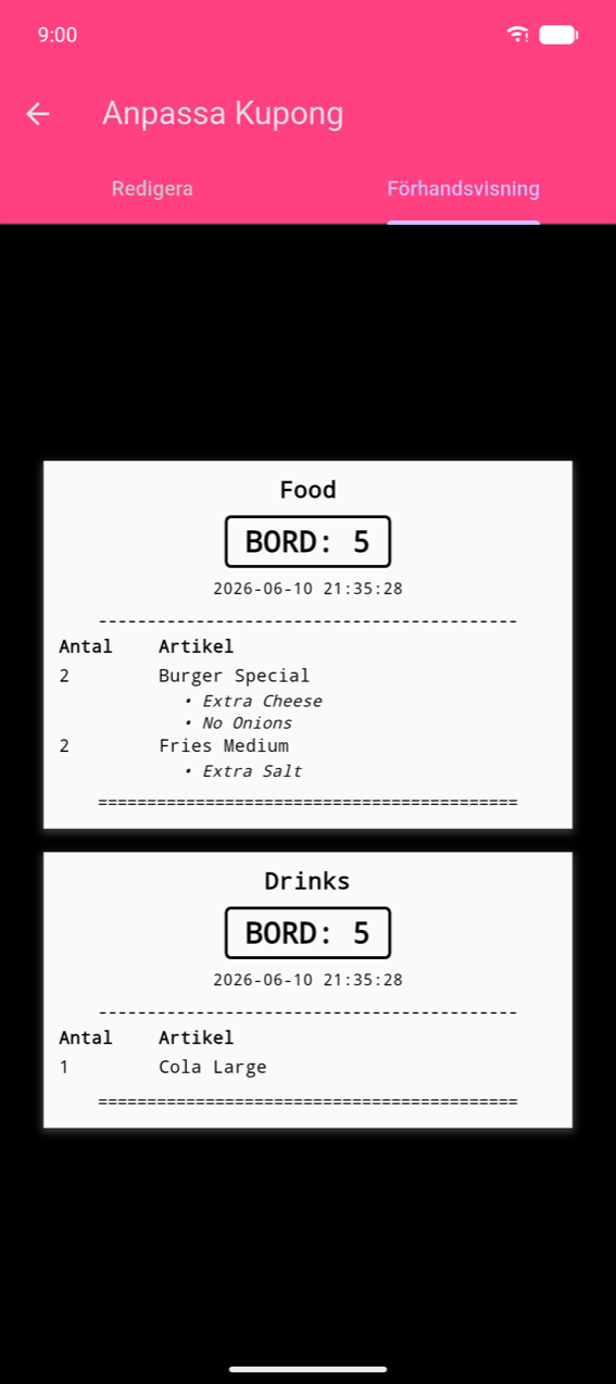 Anpassa Kupong, fliken Förhandsgranskning: två kvitton per kategori — "Mat" (BORD: 5, 2× Burgare Special med Extra Ost och Inga Lökar, 2× Pommes Medium med Extra Salt) och "Drycker" (BORD: 5, 1× Cola Stor) — var och en separerade med en dubbellinje