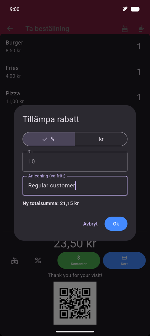 Rabattdialog: % / kr-typväxling med % valt; värdefält som visar 10; fältet Anledning (valfritt) som visar "Stamkund"; Nytt totalt: 62,50 kr förhandsvisning; knapparna Avbryt och Ok; bakom dialogen visas beställningen med Burgare 24,00 kr ×1, Pommes 11,00 kr ×1, Pizza 31,00 kr ×1 och kassafältet på 66,00 kr med knapparna Kontanter och Kort